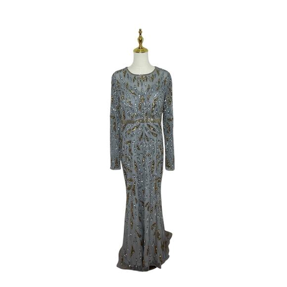 Mac‎ Duggal 5124 Platinum Gold Sequin Beaded Long Sleeve Dress Size 10 $598 - Picture 4 of 9